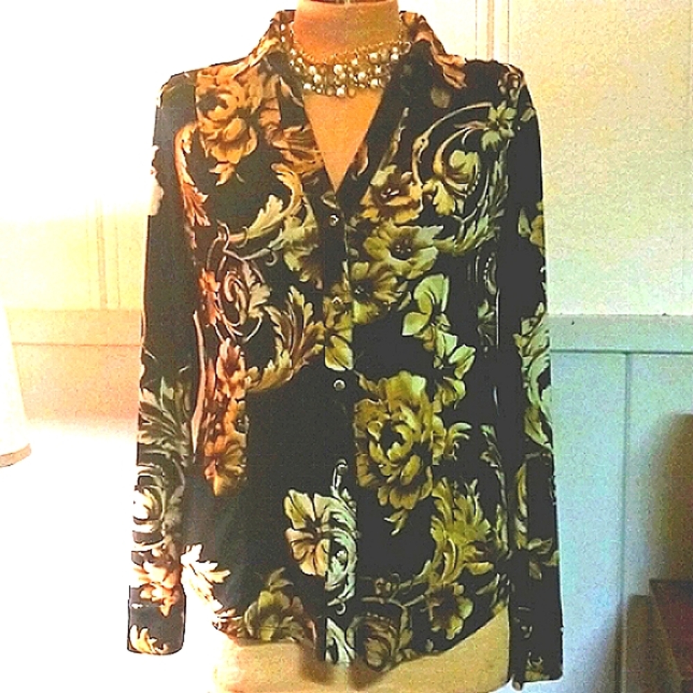 Cache Black Floral Button-Down Shirt with Yellow and Green Accents